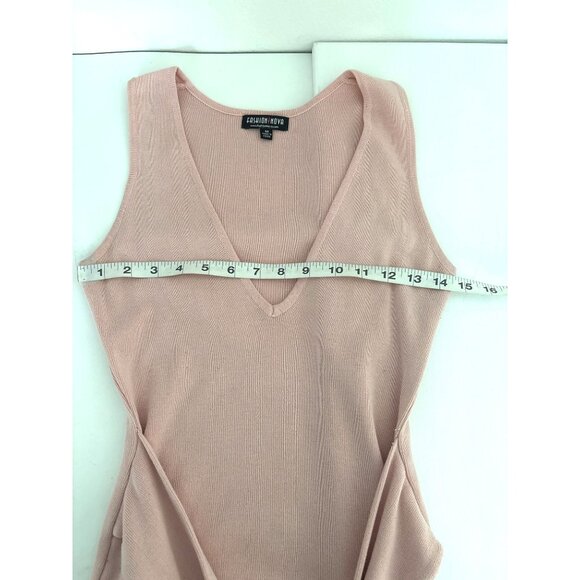 Y2K Dress M Blush Knit Bodycon Deep V Neck Sleeve Tie Waist Side Slit Night Out - Picture 8 of 16